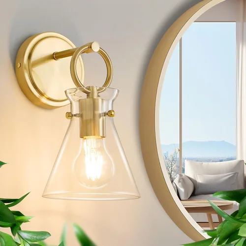 Vista 5 de Aplique de Pared Dorado de 1 Luz Cableado Montaje en Pared Estilo Moderno Rústico Accesorios de Luz de Tocador con Pantalla de Vidrio Transparente
