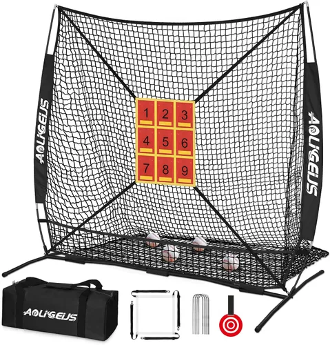Vista 11 de Red de práctica de sóftbol de béisbol de 6 x 6 pies, red de lanzamiento, red de bateo, con zona de golpe de bonificación, objetivo y marco de arco