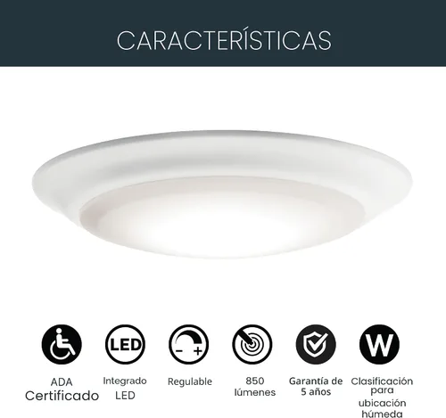 Vista 2 de Kichler 43846WHLED30 - Lámpara LED de montaje empotrado, color blanco, 3000 K, 43846WHLED30 7.5” Ceiling Flush Mount Wet Rated Interior Dimmable