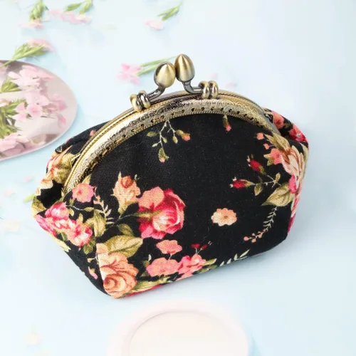 Vista 3 de Oyachic Monedero estampado vintage con hebilla de embrague, monedero con cierre de beso, monedero con cierre floral, carteras para mujer
