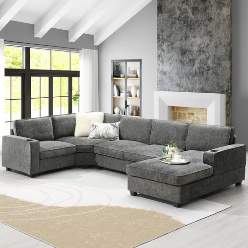 Vista 85 de Moderno sofá modular en forma de U con almohadas para la cintura, sofá cama con diván, sofá tapizado simétrico de felpilla de 6 asientos para sala