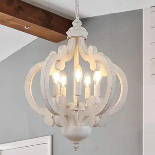 Vista 8 de Candelabro de Granja de 4 Luces, Candelabro de Madera Rústica Orbe Desgastado Lámpara Colgante de Estilo Campestre Francés Lámparas de Techo