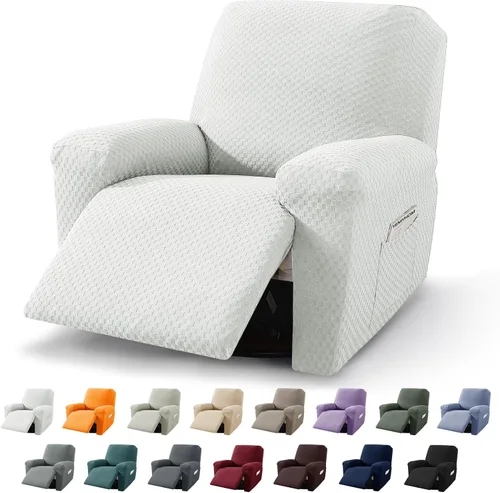 Vista 25 de YEMYHOM Funda elástica de 4 piezas para silla reclinable de jacquard con bolsillo lateral, antideslizante, ajustable, protector de muebles con parte