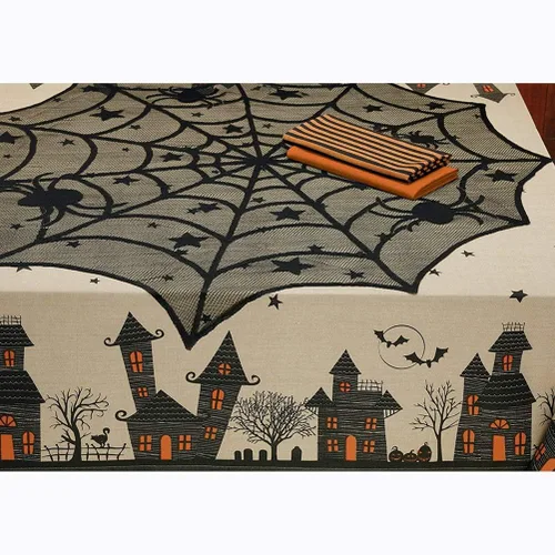 Vista 2 de Camino de mesa de Halloween, mantel redondo de encaje de araña de 40 pulgadas, mantel de Halloween para cena de Halloween (negro)