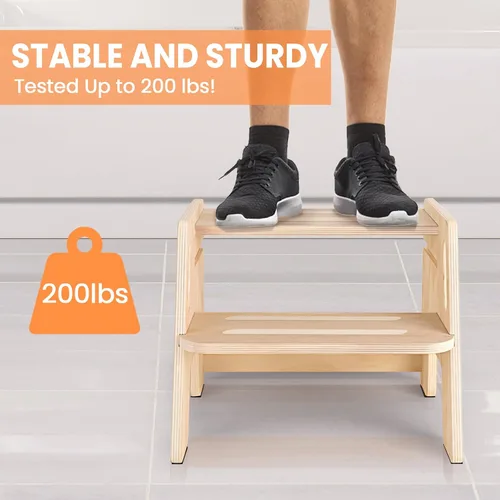 Vista 4 de Taburete para niños pequeños, taburete de madera ajustable en altura de 2 pasos para niños, taburete para entrenamiento del orinal con asas