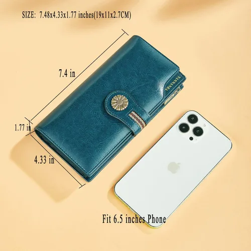 Vista 2 de VANNANBA Cartera larga y grande para mujer, de piel encerada con aceite RFID, cartera organizada, Azul eléctrico