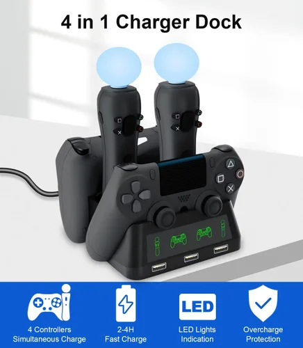 Vista 2 de Estación de carga para controlador PS4, estación de carga 4 en 1 PS VR Motion Move Controller, cargador de controlador rápido Playstation 4