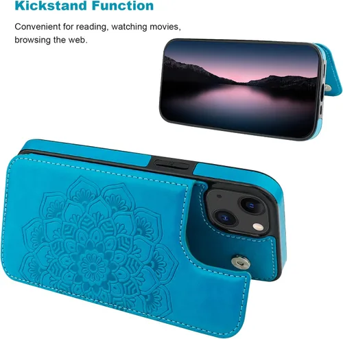 Vista 4 de Vaburs Funda compatible con iPhone 13 con tarjetero y diseño de mandala en relieve, de piel sintética, doble botones, a prueba de golpes, para Azul