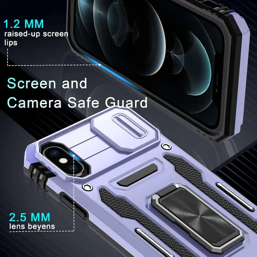 Vista 350 de DEERLAMN Funda para iPhone Xs Max con funda deslizante para cámara + protector de pantalla, soporte giratorio de anillo de grado militar a prueba