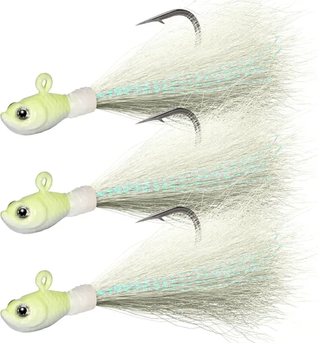Vista 14 de Dr.Fish Paquete de 3 señuelos de cola de cubo para el cabello, señuelos de agua salada y dulce para pesca de surf, pesca, blanco, rojo, Chartreuse