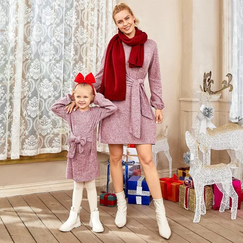 Vista 3 de PopReal Mommy and Me Outfits - Vestido de manga larga con estampado de leopardo negro y lazo frontal en la cintura, ropa familiar a juego