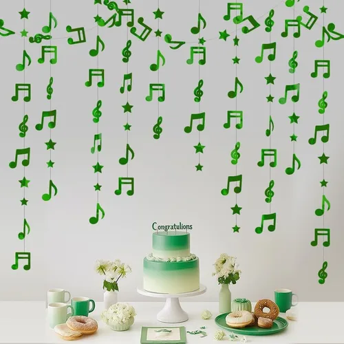 Vista 12 de Guirnalda colgante de estrella negra con notas musicales brillantes, decoración de techo para cumpleaños, baby shower, fiesta, concierto, boda