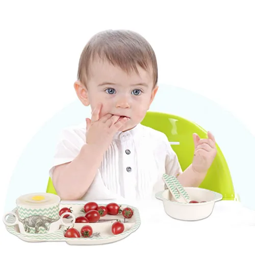 Vista 7 de Shopwithgreen - Juego de 7 piezas de fibra de bambú para niños: platos, tazones, tazas, cucharas y tenedores; vajilla con diseño de dibujos
