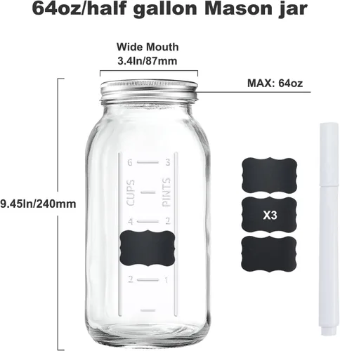 Vista 2 de FyndraX Tarro Mason de boca ancha de 64 onzas con tapa, frasco de vidrio transparente resistente hermético para conservas con banda de medio galón