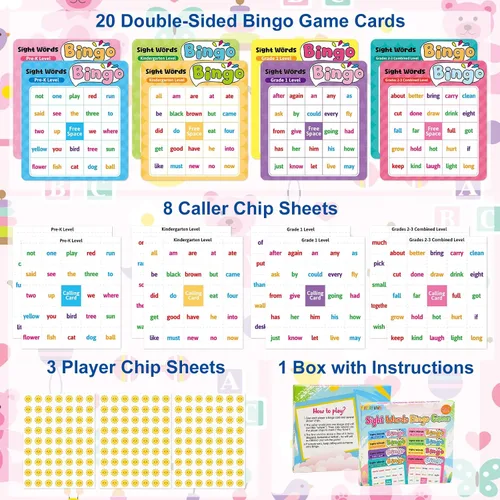 Vista 2 de Fancy Land Juego de bingo de palabras a la vista para niños y adultos, listas de palabras de Dolch & Fry's, juego de bingo para pre-k a 3er grado