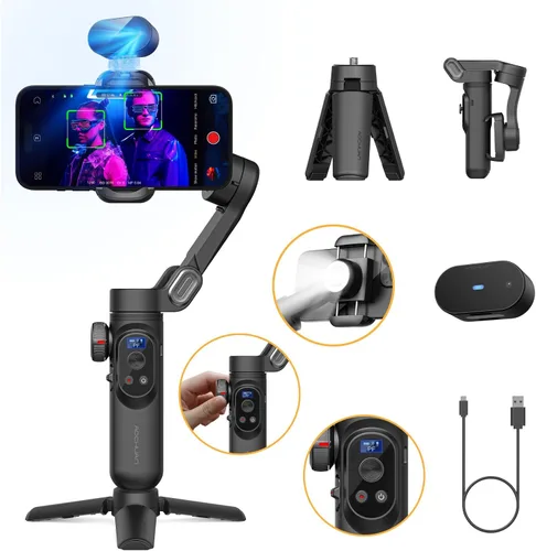 Vista 14 de AOCHUAN Estabilizador de cardán para iPhone Gimbal con carga inalámbrica Smartphone para iPhone 15 Pro Max/Android plegable de 3 ejes Estabilizador