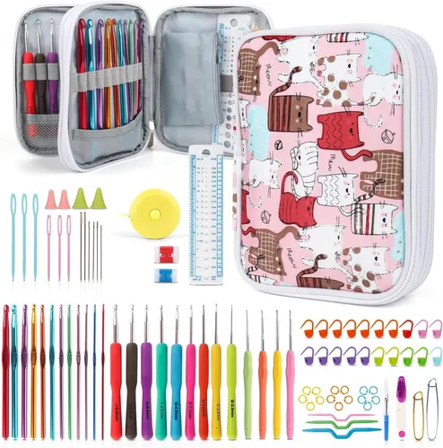 Vista 10 de Katech - Kit de ganchos de ganchillo con estuche, juego de 85 piezas de ganchillo, ganchos ergonómicos para tejer, agujas de tejer, kits de hilo