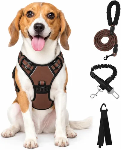 Vista 20 de FURRYFECTION Plaid Dog Harness with Leash and Seat Belt Set, Beige&White, M Tartán beige