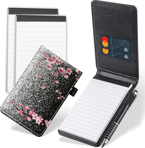 Vista 16 de Juego de 4 mini bloc de notas de bolsillo, diseño de corazón de dinosaurio, funda de piel sintética, soporte para notas con 2 ranuras para tarjetas