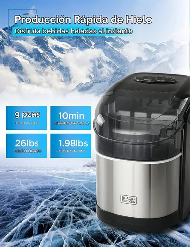Vista 5 de BLACK+DECKER Máquina de hielo, capacidad de 26 libras, hielo en forma de Acero inoxidable y negro.