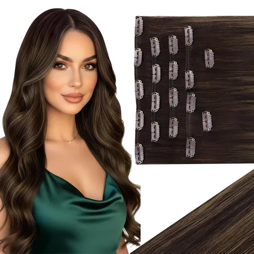 Vista 39 de Ve Sunny Extensiones de cabello clip-in de cabello humano real con reflejos, extensiones de cabello con clip para cabello corto, marrón oscuro