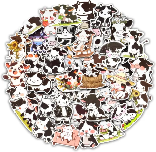 Vista 7 de Aowplc Paquete de 50 calcomanías de vaca, calcomanías de vinilo impermeables lindas de animales de dibujos animados para niños