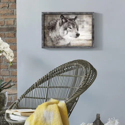 Vista 4 de Arte de Pared Enmarcado de Lobo: Pintura Moderna de Animales Salvajes de Madera Rústica Natural Imagen de Vida Silvestre Obra de Arte de Lobo Gris