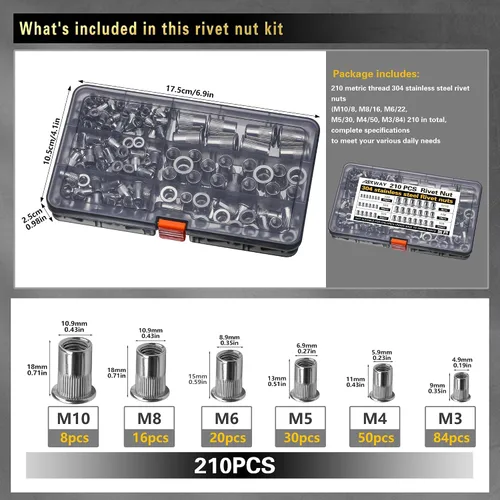 Vista 2 de ASKWAY Kit de tuercas remachables de acero inoxidable, 210 piezas, combinación de tuercas remachadoras de presión de acero inoxidable 304, adecuado