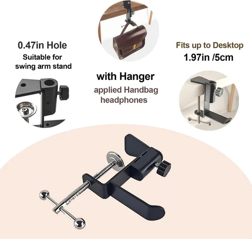 Vista 5 de Soporte de abrazadera de mesa para soporte de micrófono, abrazaderas de micrófono para escritorio con gancho para auriculares, abrazadera