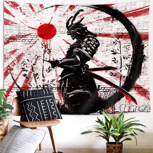 Vista 2 de iTapnoom Tapiz decorativo de arte samurái japonés para colgar en la pared para dormitorio, póster de anime rojo y negro con sol y luna para hombres
