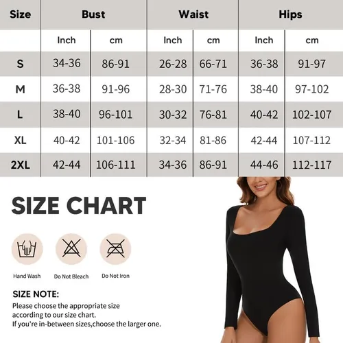 Vista 6 de SHAPERIN Body de manga larga con cuello cuadrado para mujer, color liso, sexy, leotardo