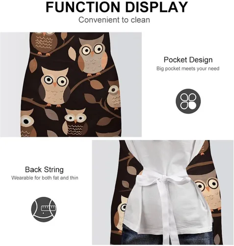 Vista 6 de MUSM Cute Brown Cartoon Owls Apron，Classic Vintage Funny with Pockets Aprons,Adjustable Bib Waterdrop Resistant for Kitchen Cooking Restaurant BBQ
