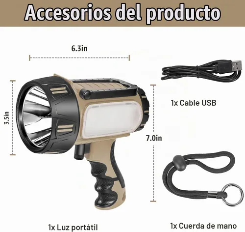 Vista 7 de Foco Recargable Súper Brillante de Mano, Linterna LED Recargable Táctica de Búsqueda con Salida USB, 6 Modos de Luz, Luz de Camping (Gris)