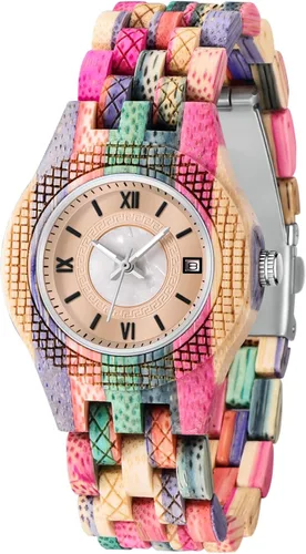 Vista 8 de Reloj de luz de madera para mujer, reloj analógico para mujer, correa de madera con cierre plegable, relojes de madera para mujer