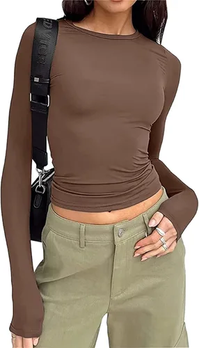 Vista 24 de Blusa corta básica casual para mujer, ajustada, manga larga, cuello redondo, color sólido, para otoño, camiseta ajustada Albaricoque