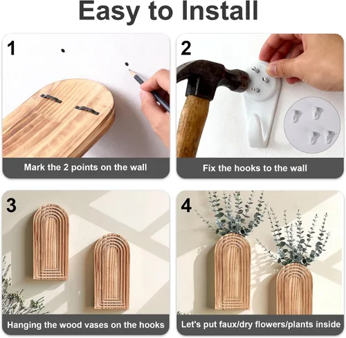 Vista 5 de DREAMLOOM Paquete de 2 jarrones de pared de madera con plantas artificiales de eucalipto, macetas para colgar en la pared, estilo bohemio y moderno