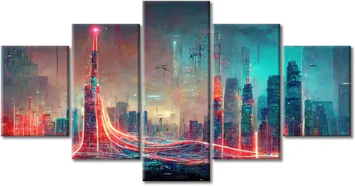Vista 94 de Cuadros de 5 paneles de Cyberpunk City, arte de pared, representación de vallas publicitarias, edificios modernos en la capital con obras de arte