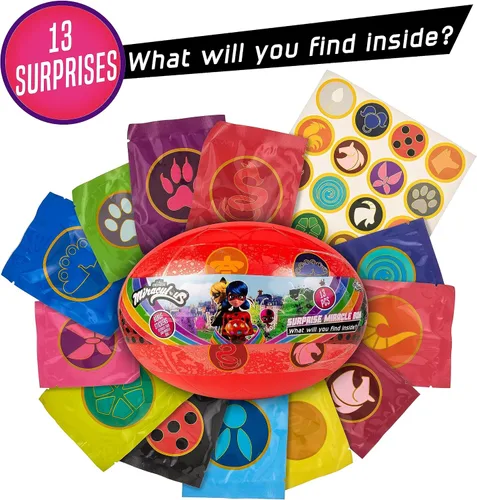 Vista 2 de Caja milagrosa de 13 piezas sorpresa con temática de mariquita y gato Zag Heroez Noir Toys Surprise con calcomanías para niños, premios