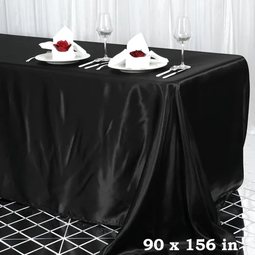 Vista 6 de Mantel rectangular de satén negro de 90 x 156 pulgadas para mesa de boda, fiesta, recepción, eventos, cocina y comedor