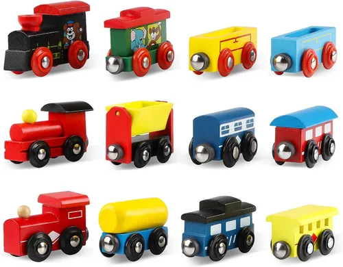 Vista 2 de Wondertoys Juego de 12 trenes magnéticos de madera, incluye 3 motores y bolsa de almacenamiento, juego de tren de madera para niños pequeños