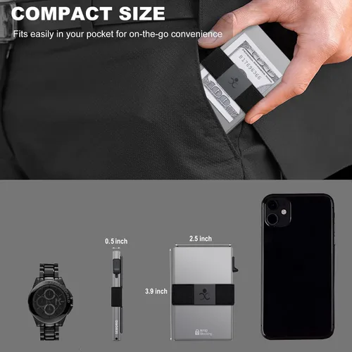 Vista 6 de Cartera delgada de aluminio para hombre, placa trasera expandible duradera, bloqueo RFID, billetera desplegable de metal minimalista, con capacidad