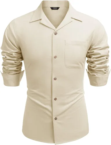 Vista 4 de COOFANDY Camisas de algodón y lino para hombre, de manga larga, casuales, con botones, para la playa