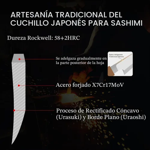 Vista 6 de Cuchillo Sashimi de 9.449 in,Cuchillo de sushi Yanagiba,Mango de madera de olivo con estuche de cuchillo de madera