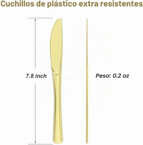 Vista 2 de Dealusy 100 unidades de cuchillos de plástico dorados resistentes desechables, libres de BPA, resistentes al calor, cuchillos desechables