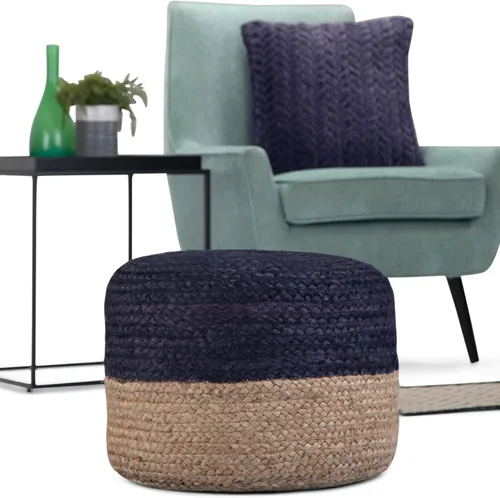 Vista 4 de SIMPLIHOME Lydia Puf redondo – 18 pulgadas de ancho trenzado a mano otomano de yute en azul marino y natural, taburete bohemio o asiento adicional