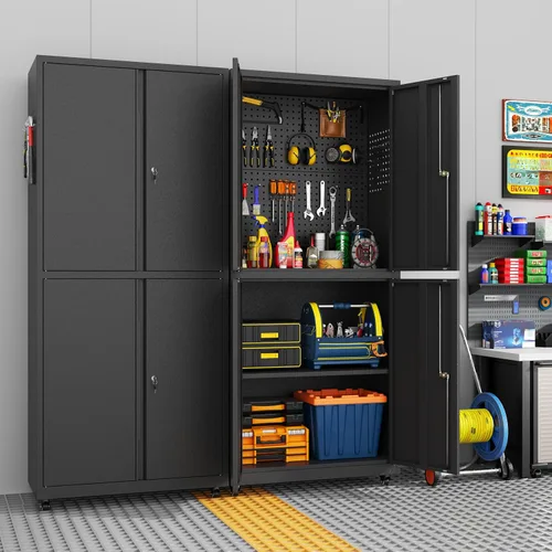 Vista 2 de Metal Garage Cabinet with 4 Wheels,4 Door Black Metal Storage with Lock,71" H Tool Storage Cabinets with Adjustable Shelves for Utility Negro