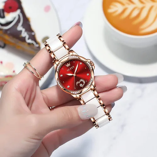 Vista 4 de OLEVS Relojes automáticos de esfera roja para mujer cuerda automática pulseras de dos tonos de oro rosa reloj de mujer relojes de moda reloj