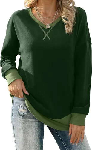 Vista 2 de Bofell Sudadera para mujer 2023, bloque de color, cuello en V, manga larga, trajes de otoño a la moda