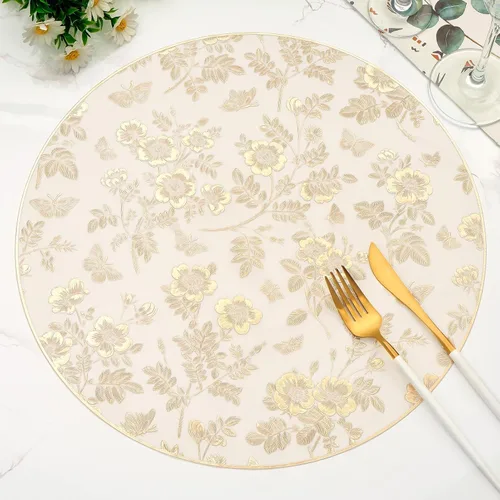 Vista 9 de Juego de 6 manteles individuales redondos dorados, manteles individuales de vinilo prensado floral lavable para mesa de comedor, boda, decoración