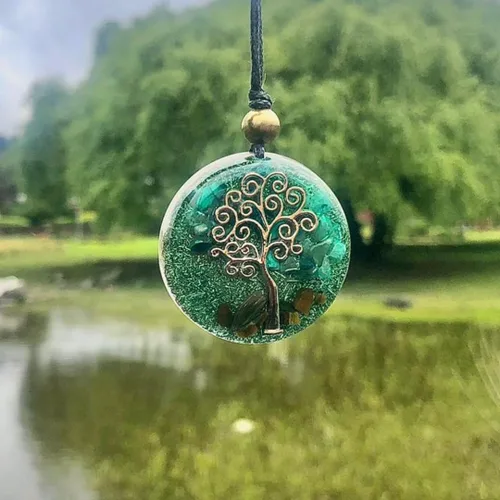 Vista 5 de Collar de orgón, árbol de la vida, protección - cristales curativos, piedra física, mental y espiritual -cuarzo, malaquita, ojo de tigre - bobina